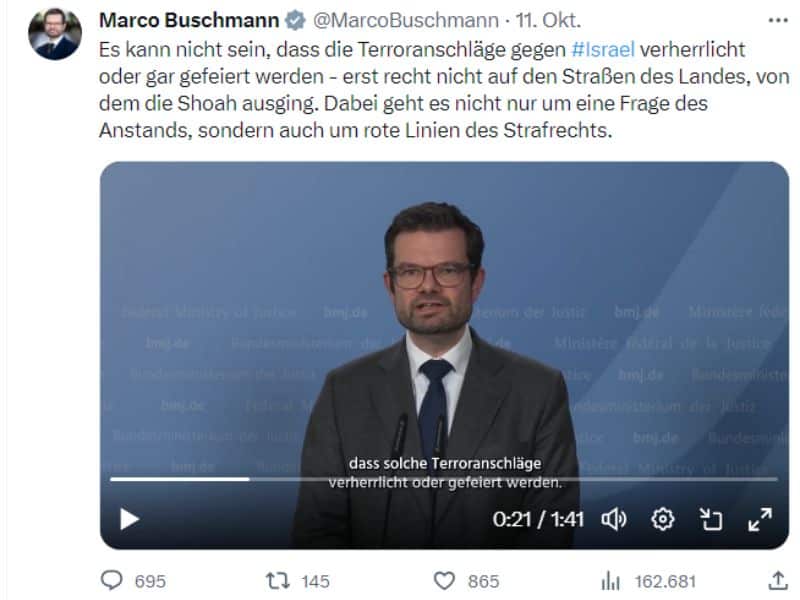 Buschmann fordert Strafrecht gegen Jubelfeiern der Hamas-Anhänger in Deutschland